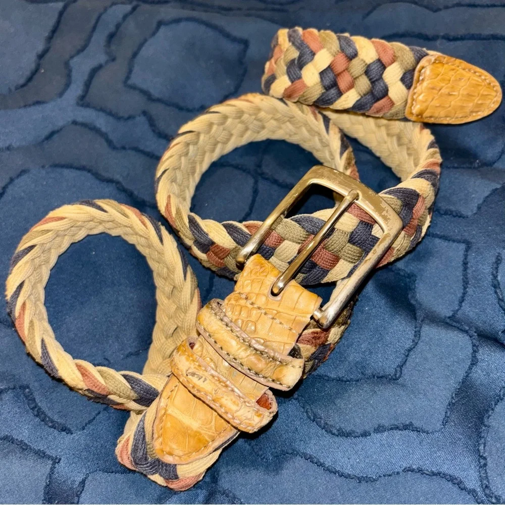 Men’s Multicolor Woven Braided Belt, Real Crocodile Leather Trim, Brass Buckle